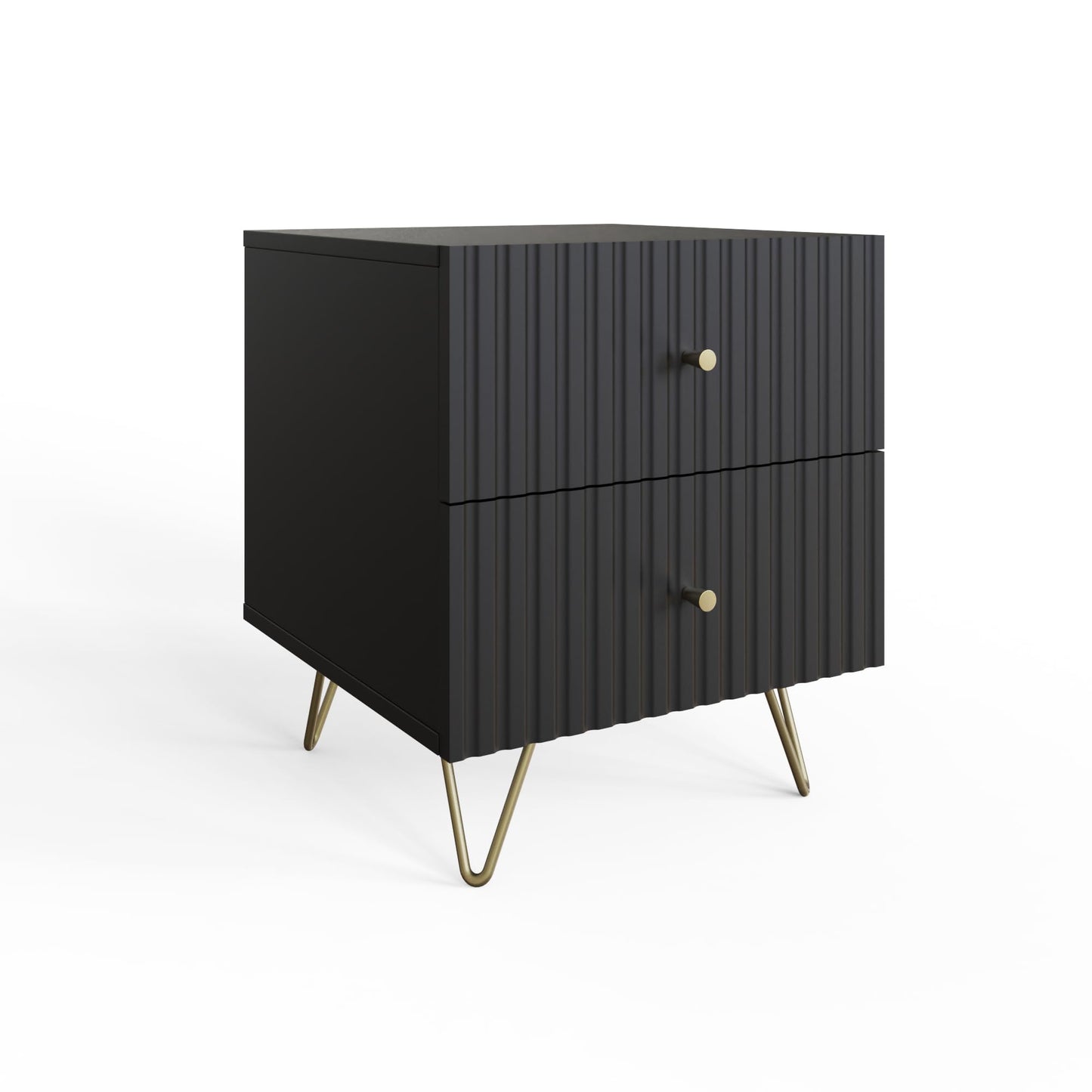 GFW Thalia 2 Drawer Bedside Table with Ribbed Front, Modern Nightstand with Brass Hairpin Legs for Bedroom Storage, Contemporary Side Table