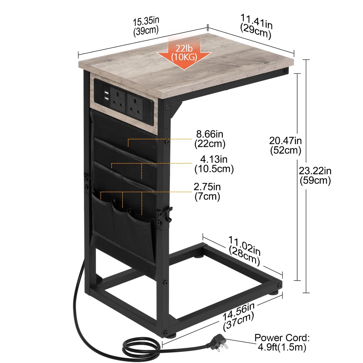AMHANCIBLE C-Shaped Side Table, Side Table with Charging Station