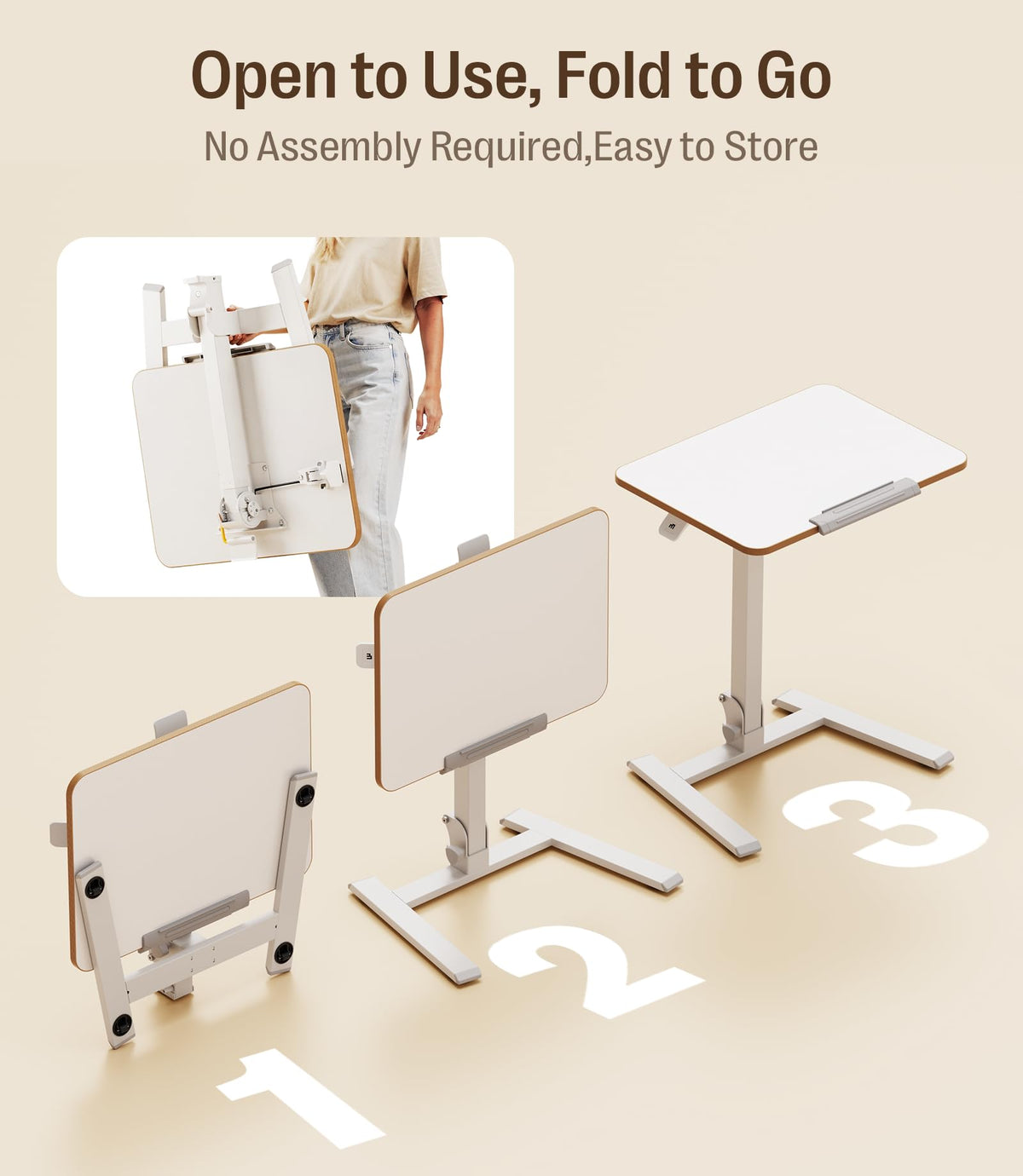 MAIDeSITe Fit Go Overbed Table with Wheels, Foldable Height Adjustable Desk