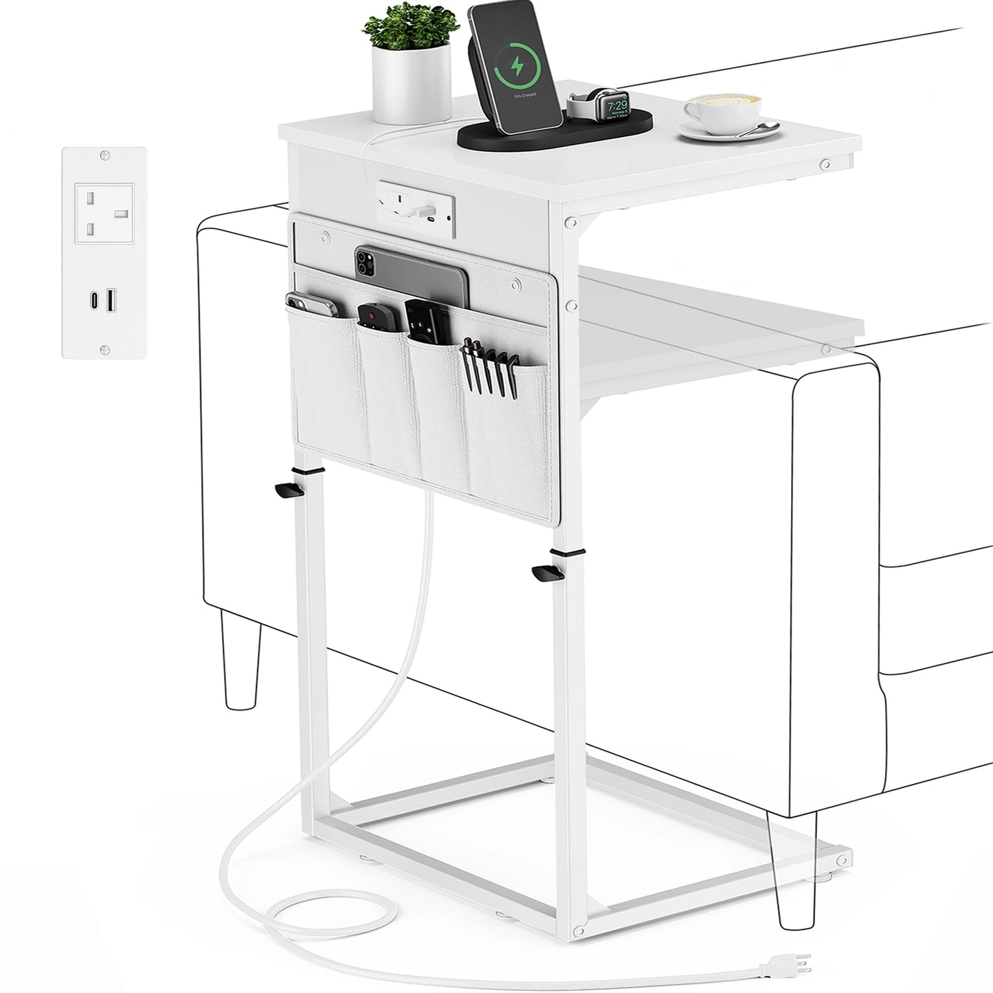 Vagusicc C-Shaped Side Table with Charging Station, Height Adjustable Sofa Side Table, Bedside Table, End Table for Small Spaces
