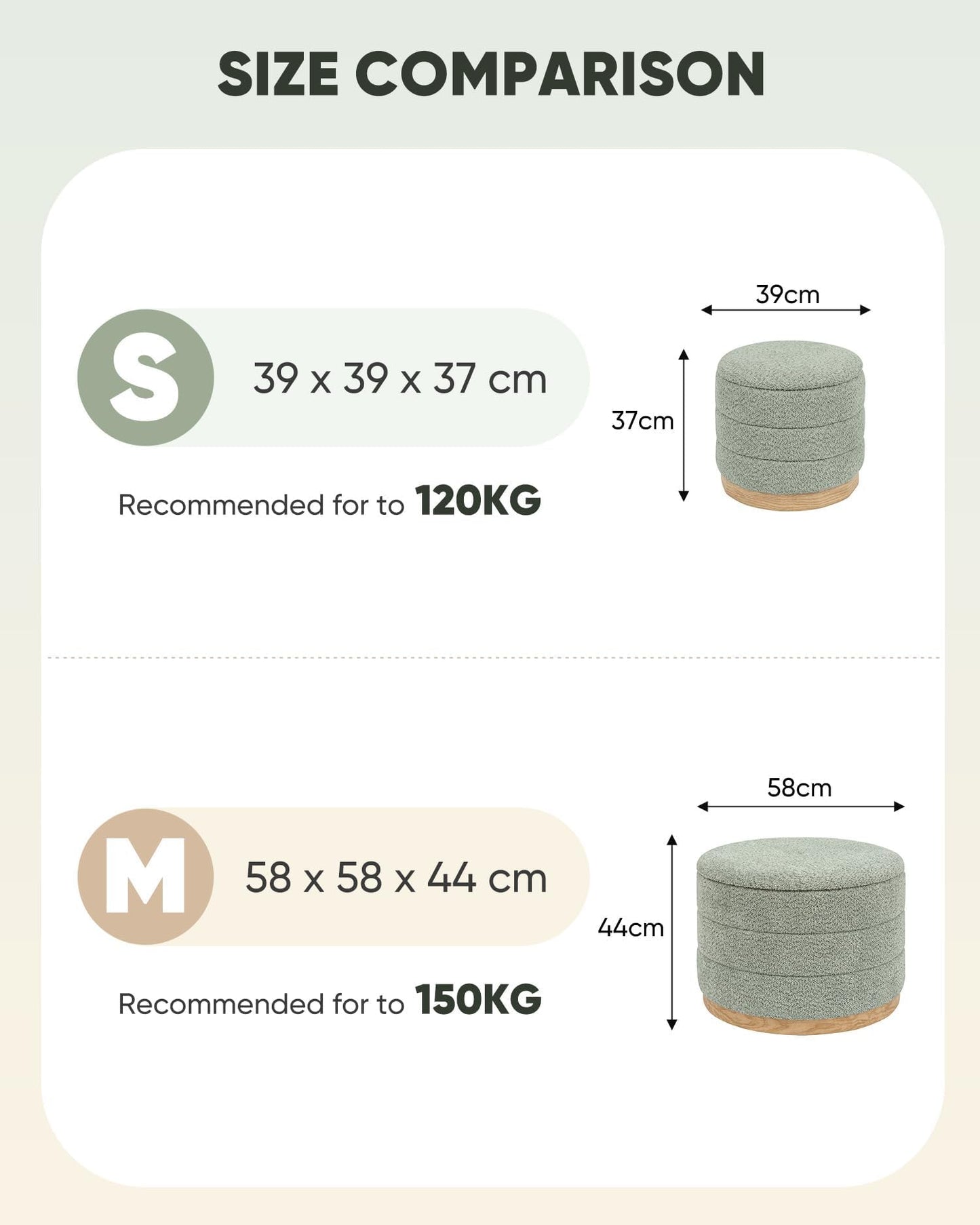 Bonlife Round Chenille Storage Ottoman, Folding Footstool with Table Top, 58x58x44cm, Load Capacity 150kg
