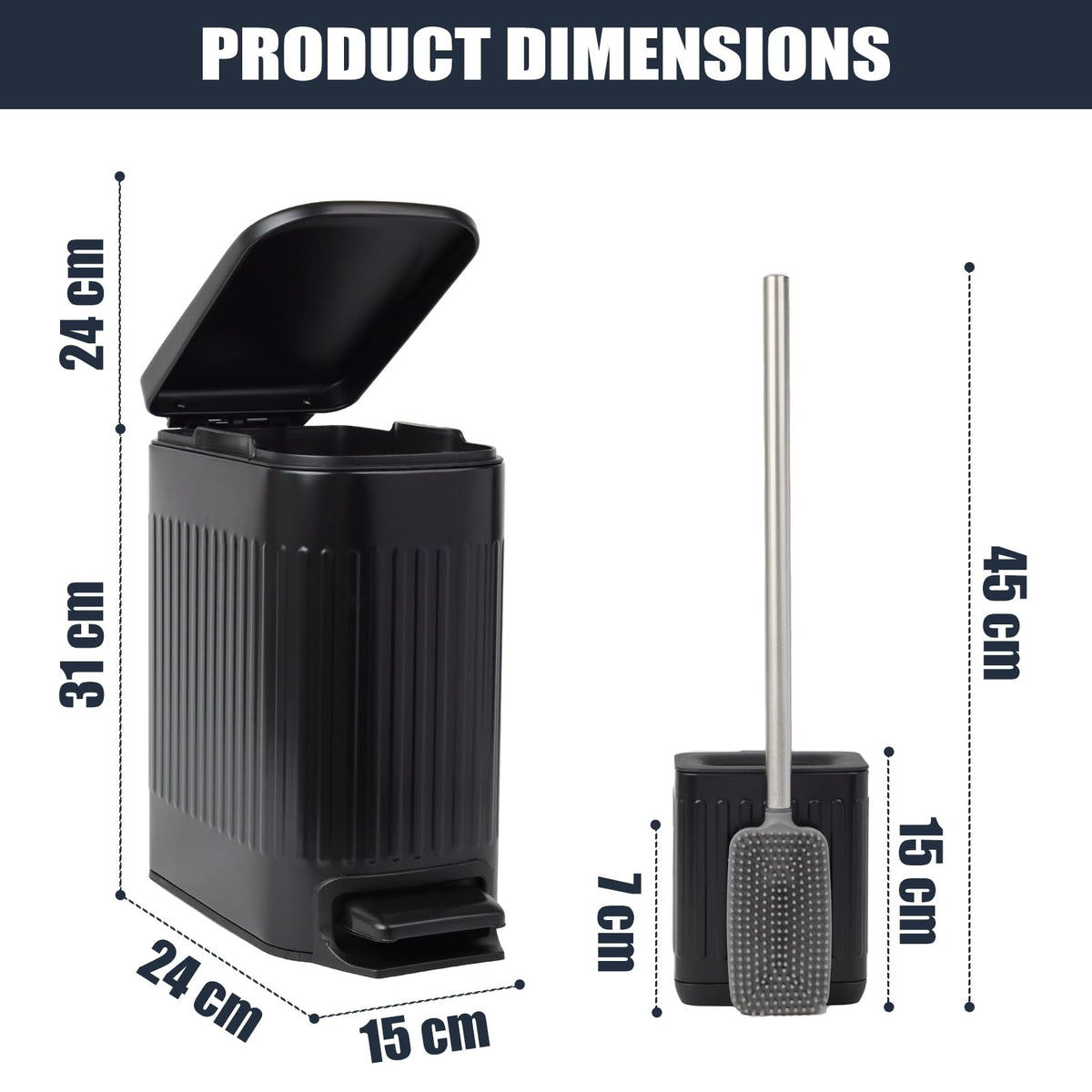 FAMM TASTIC Set of 7L Narrow Metal Pedal Toilet Bin Black Bathroom Bin/Office Bin/Bedroom Bin Small Bin with Lid and Silicone Toilet Brush and Holder