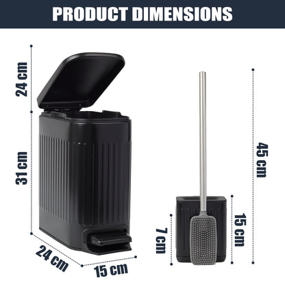 FAMM TASTIC Set of 7L Narrow Metal Pedal Toilet Bin Black Bathroom Bin/Office Bin/Bedroom Bin Small Bin with Lid and Silicone Toilet Brush and Holder