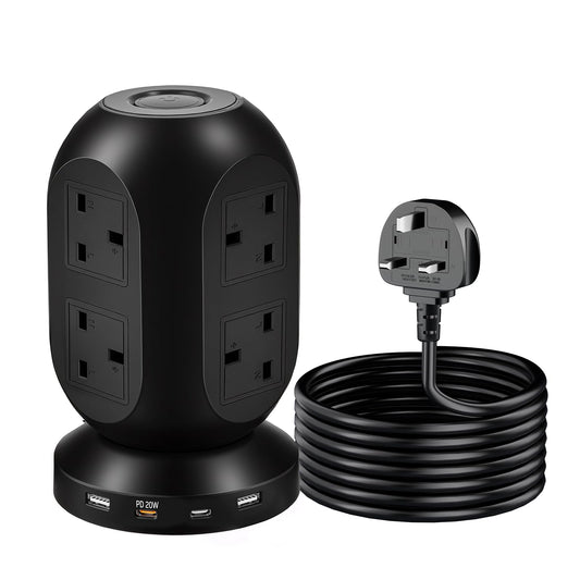 Tower Extension Lead-Power Strips with USB Ports with 8 Outlets and 2 USB Ports,2USB-C(PD20W)Power Tower Extension,Extension Cable with 6 Feet