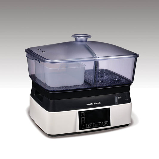 Morphy Richards Intellisteam Compact Food Steamer, 6L, Synchronised Steaming, Digital Display, Memory System, White & Black, 48775