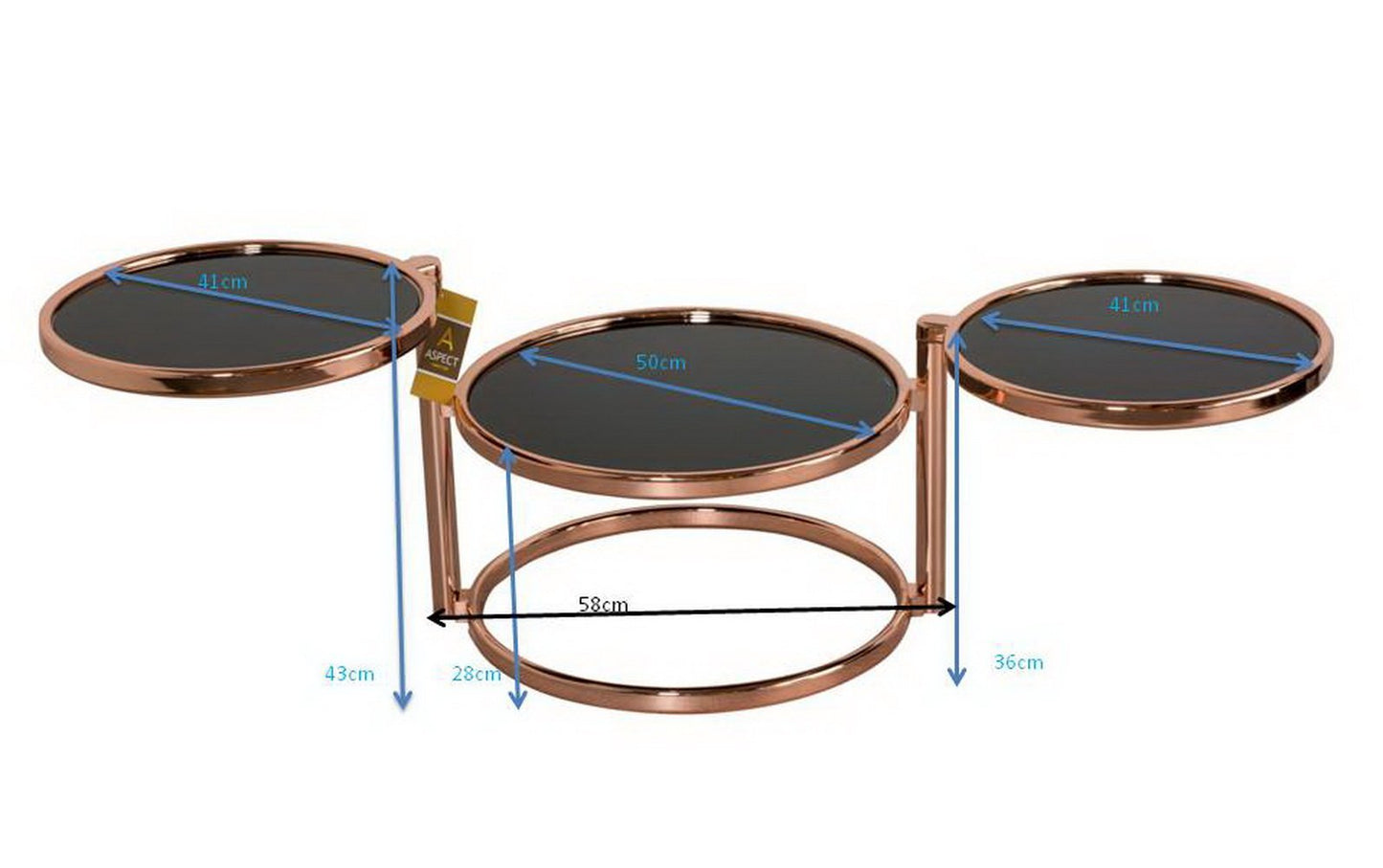 ASPECT Eterntity Glass Coffee Table in Cooper Frames with Swivel Motion, Tempered, Copper/Black, 58x50x43 cm