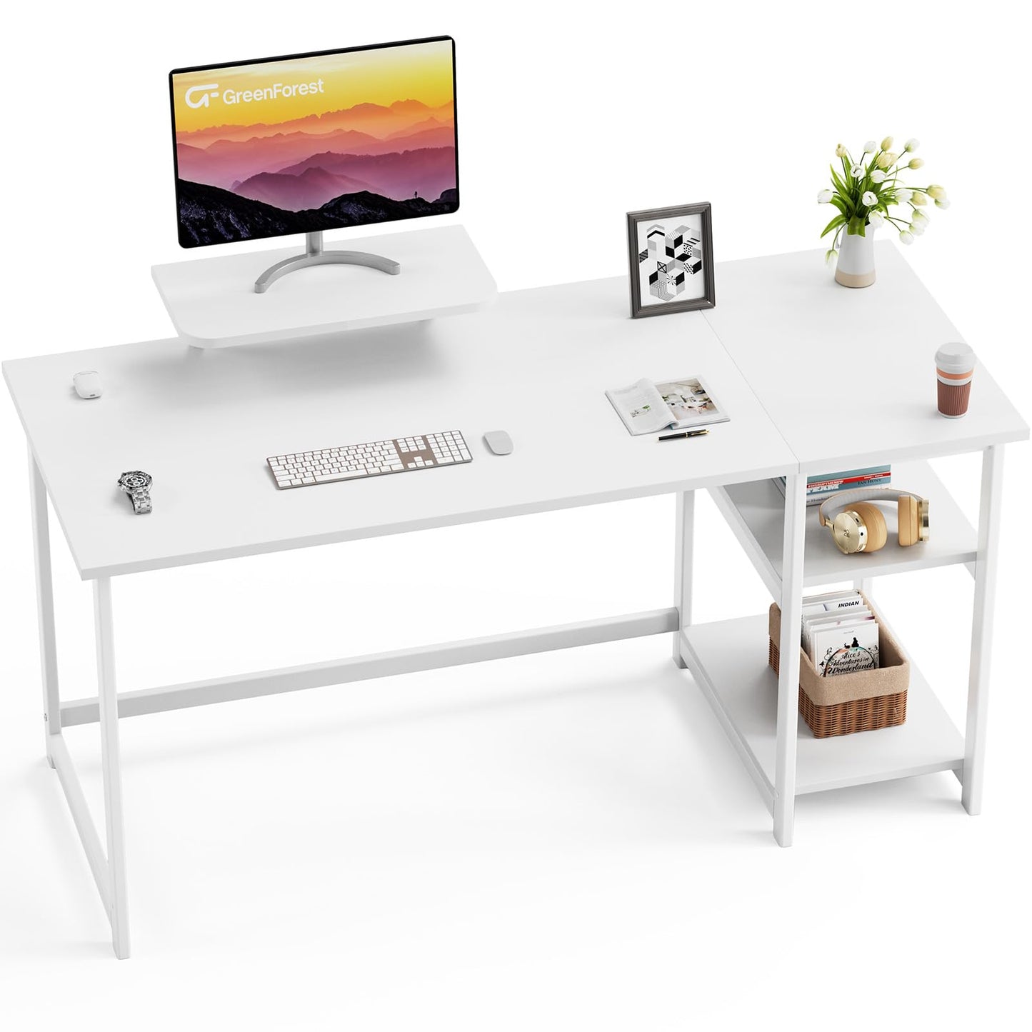 GreenForest Office Desk 140cm with Monitor Stand, Full White