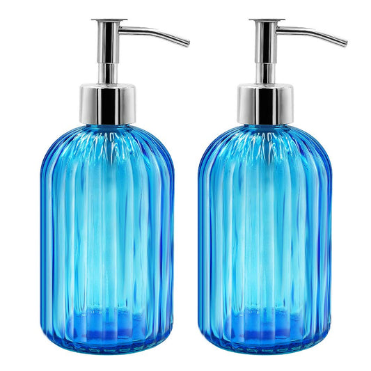 2 Pack Glass Soap Dispenser Bottle with Pump, 14 Oz Refillable Liquid Hand Jar Dispenser for Bathroom, Countertop, Kitchen, Laundry Room (Blue)