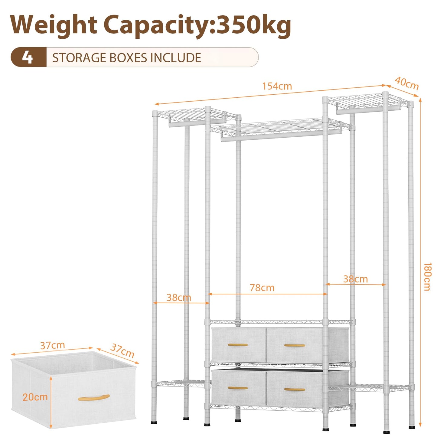 Himimi Heavy Duty Clothes Rail with 4 Fabric Drawers, 8 Adjustable Storage Shelves & 3 Hanging Rods, Freestanding Strong Garment Rack