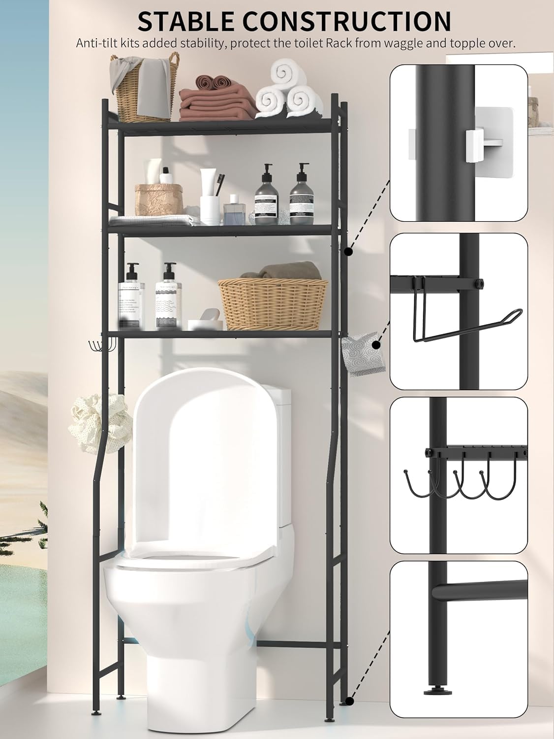 GloTika 3-Tier Over The Toilet Storage, Space Saver Metal Bathroom Shelves, Freestanding Above Over Toilet Storage Shelf with 4 Hooks for Bathroom