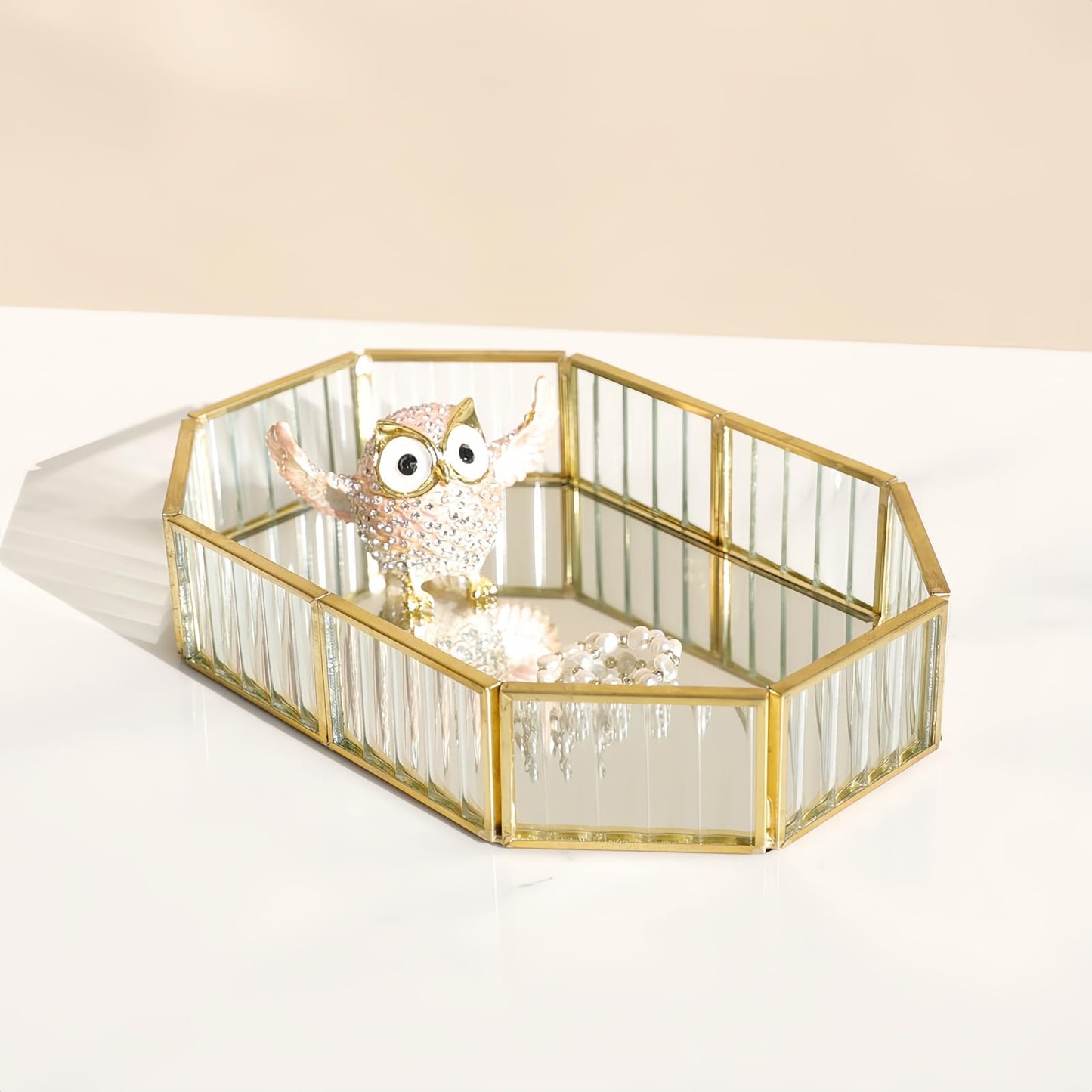 SLHEQING Mirror Tray Gold Vintage Perfume Tray Makeup Jewelry Organizer, Glass Vanity Tray Metal Polygon Tray