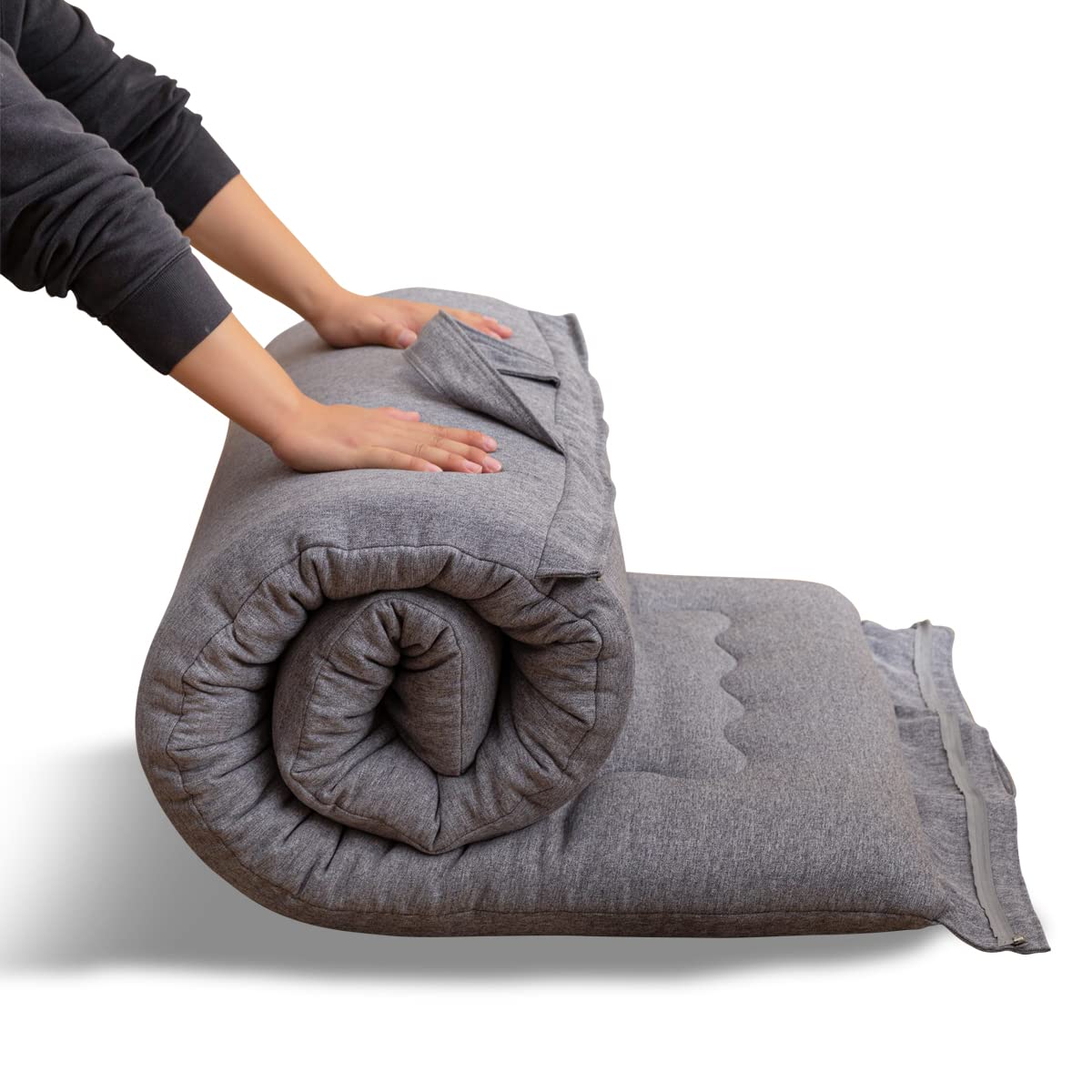 MAXYOYO Portable Foldable Futon Mattress, Hypoallergenic Fabric and High-Density Foam Mattress Pad with Handle and Zipper (Grey, 90x190 cm)