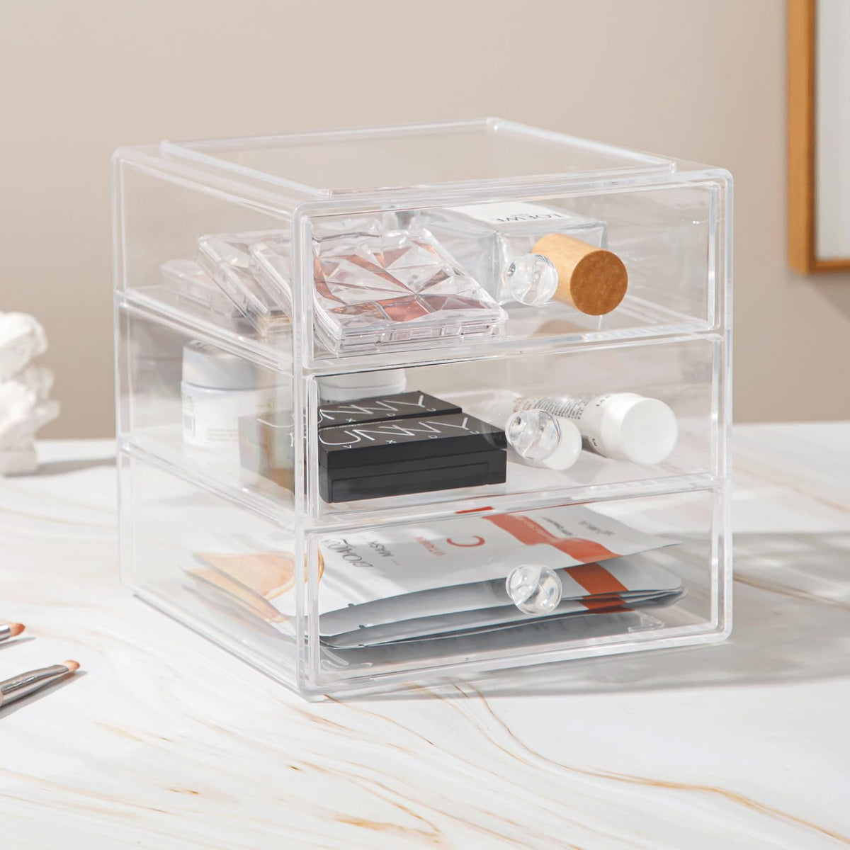 Makeup Organiser Storage Box, Acrylic Cosmetic Storage Case Jewelry Display Drawer Caddy for Sunglasses Jewelry Vanity Kitchen Cabinet Bathroom