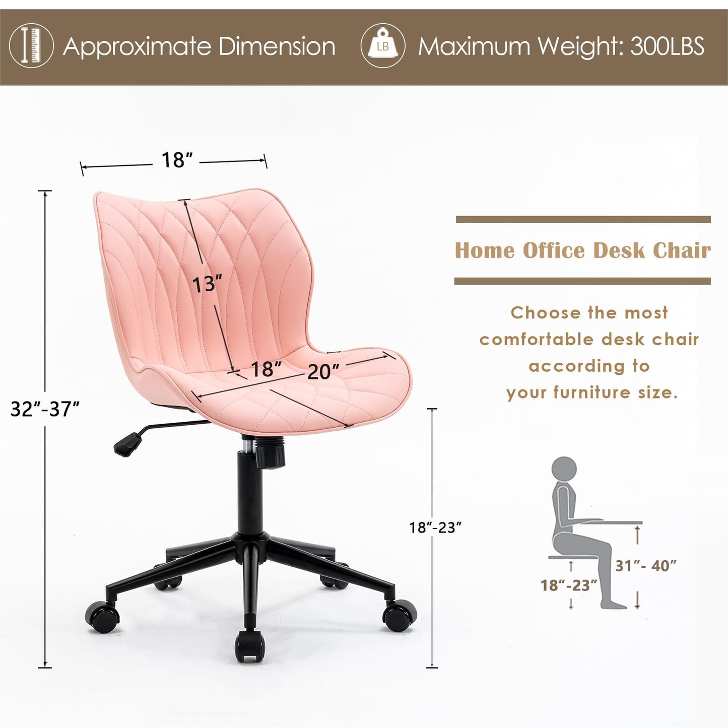 YOUNUOKE Desk Chair Adjustable Home Office Chair with Wheels, Pink