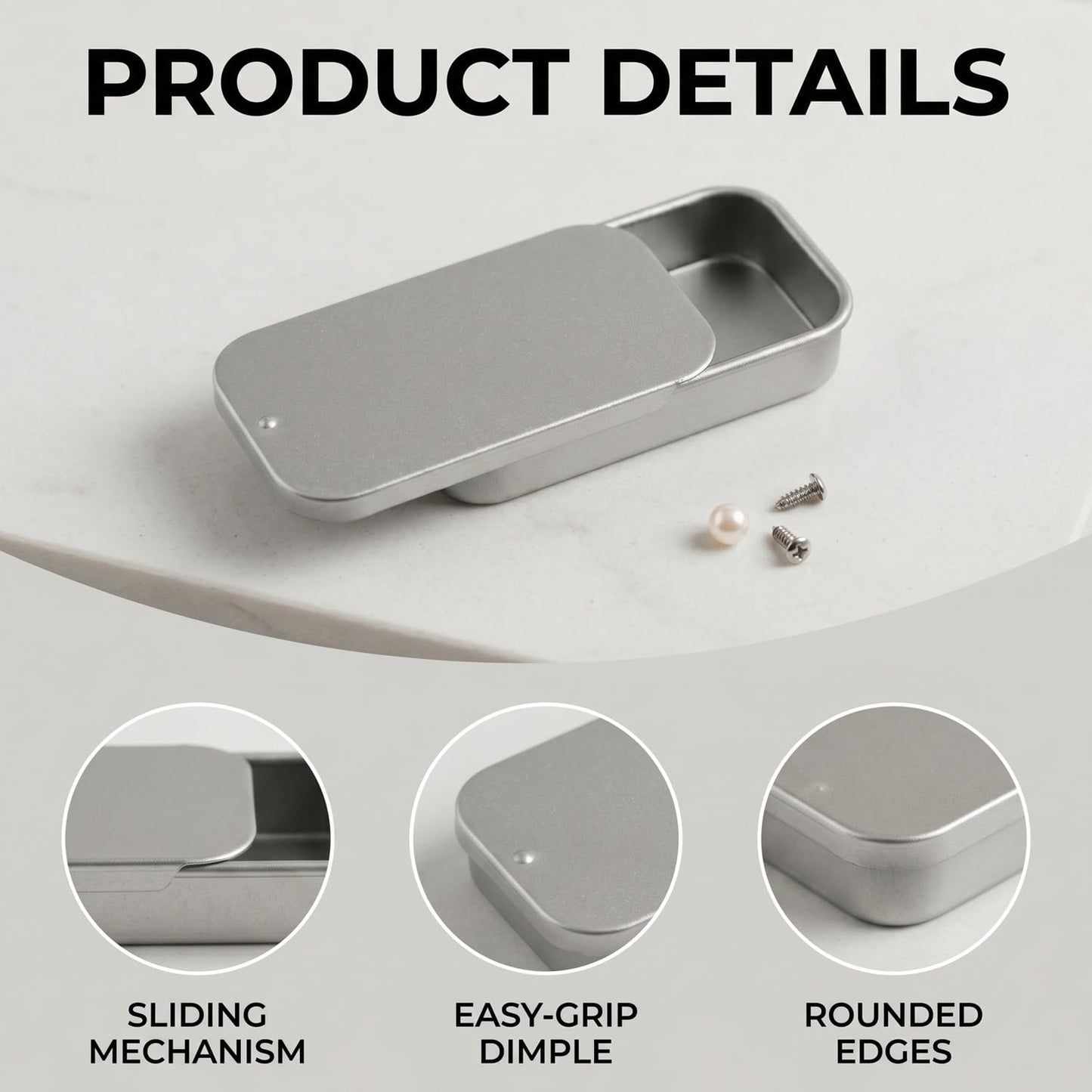 Lotsdonxia 6 Pcs Rectangular Tins, Slider Lid Metal Boxes, 50x25x10mm Portable Storage Containers, Silver Alloy Steel, Airtight Craft Organisers