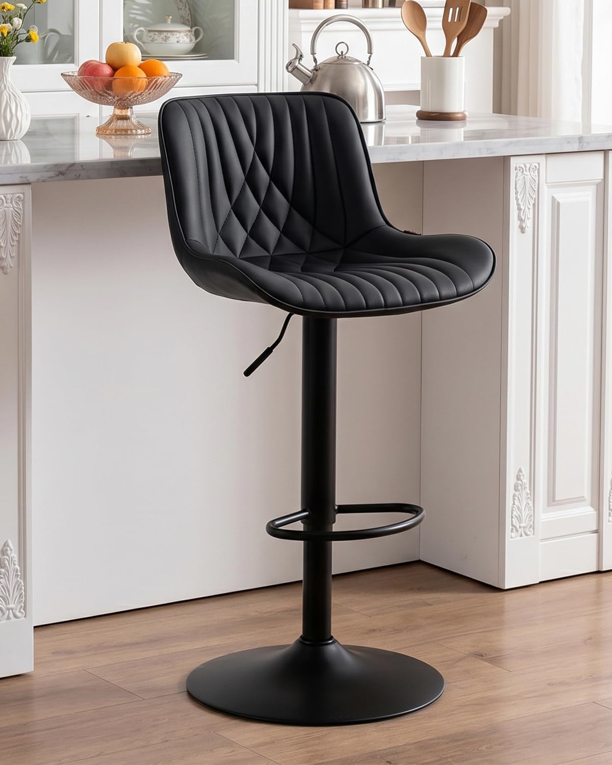YOUTASTE Bar Stools, Breakfast Bar Chairs with Back, PU Leather Kitchen stools, Swivel Height Adjustable Barstools, Modern (Black, One Stool)