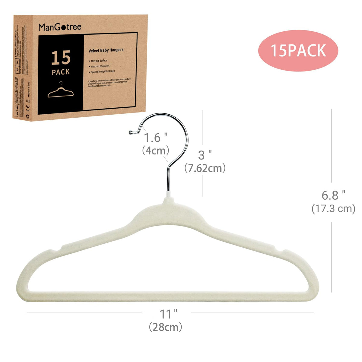 ManGotree 11" Baby Velvet Hangers Non-Slip Kids Hangers 15 Pack Beige