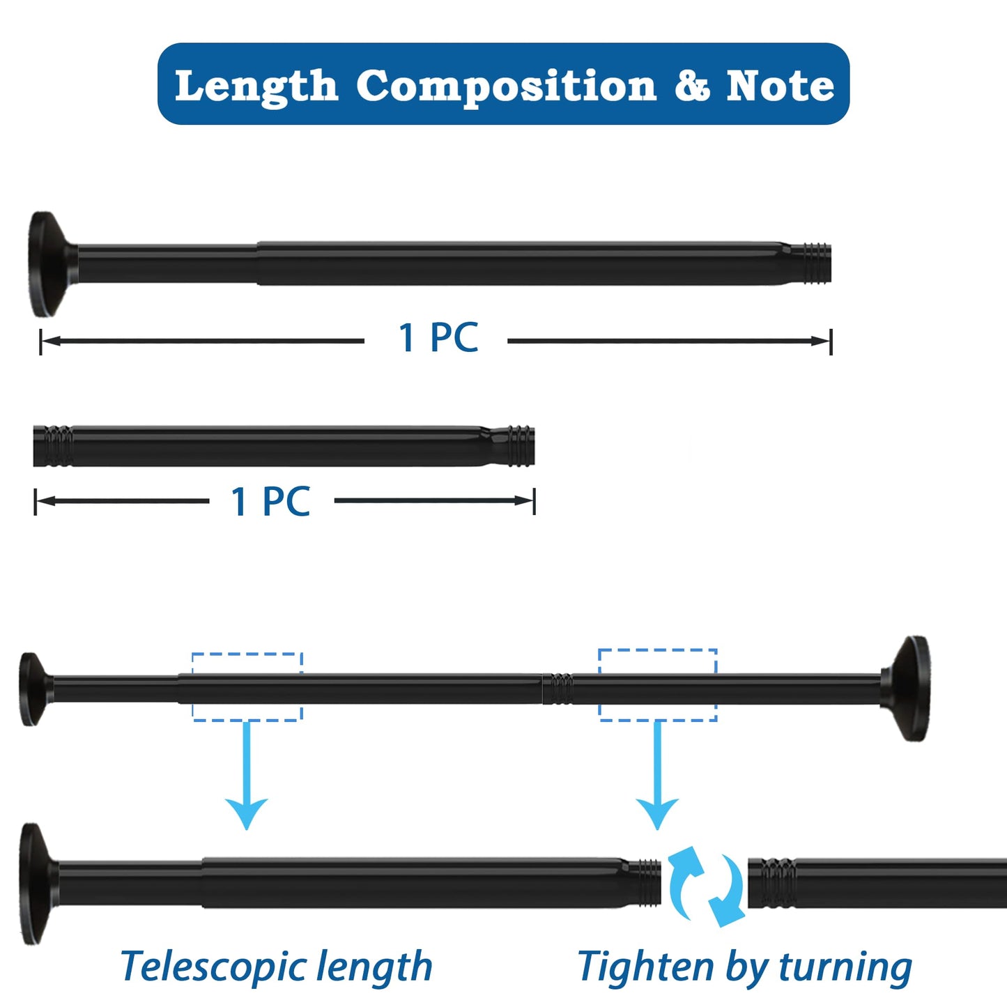 Shower Curtain Rod Extendable Tension Rod No Drilling Shower Curtain Rail Wardrobe Rail for Bathroom,Bedroom,Wardrobe (69-90CM Φ25mm)