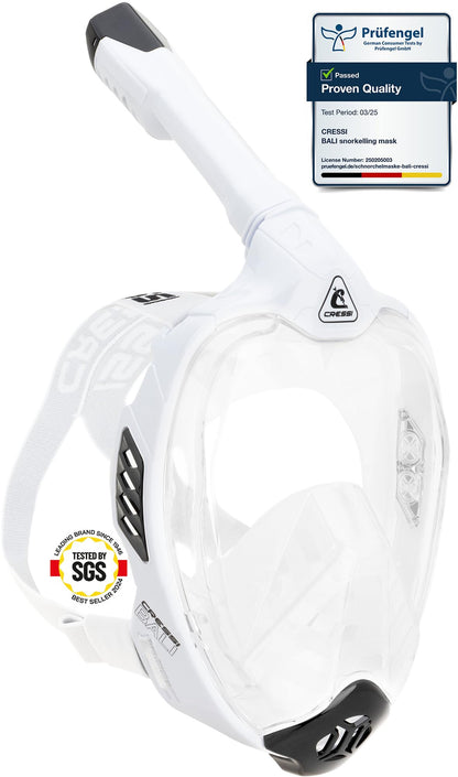 CRESSI Bali Full Face Mask White/Black S/M - Unisex Integral Snorkel Mask, Anti Fog Clear Lens, 100% Silicone, Dry Snorkel with Float Valve, Action