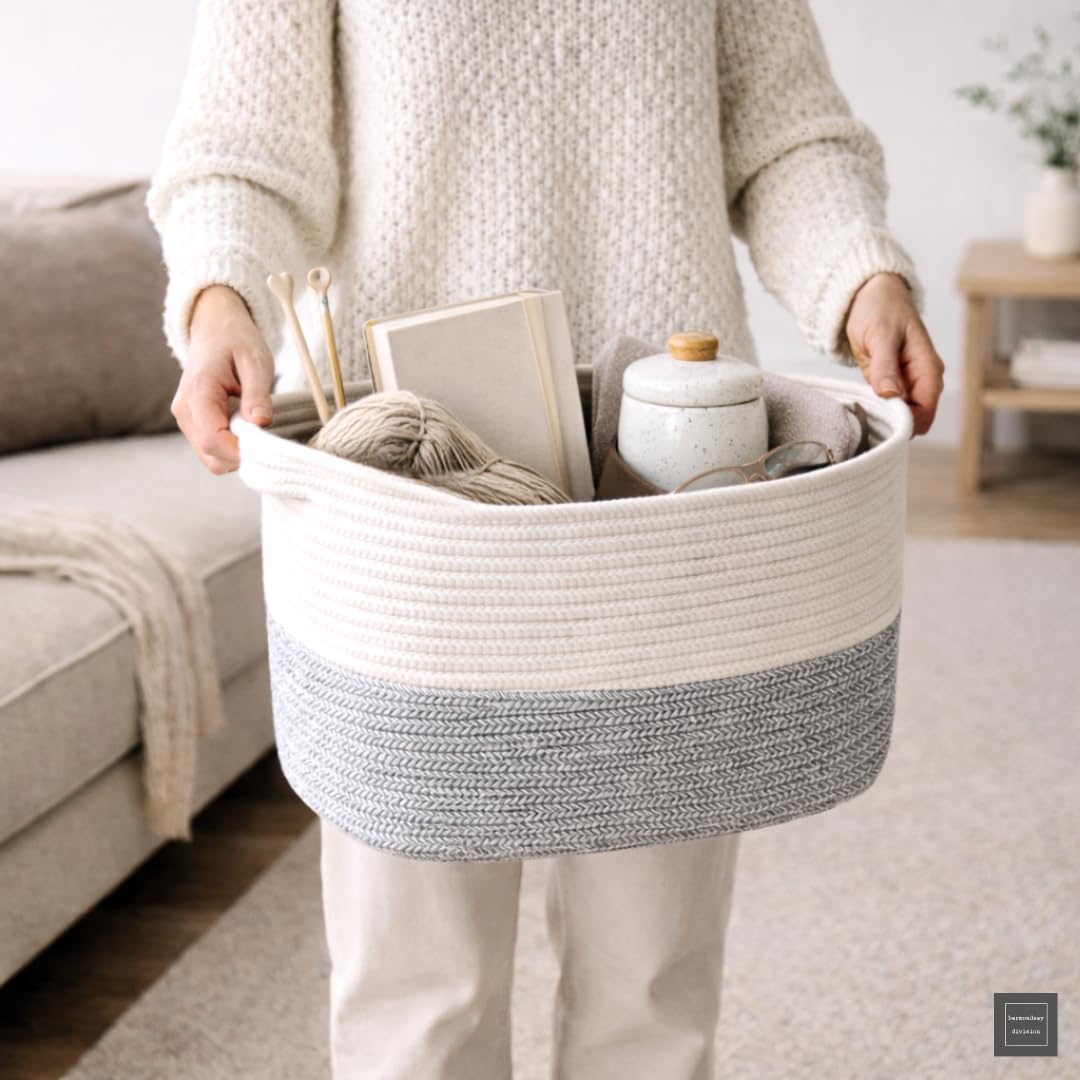 Bermondsey Division Cotton Rope Storage Basket with Handles 23L – Decorative Woven Organiser for Living Room, Bedroom, Bathroom & Nursery