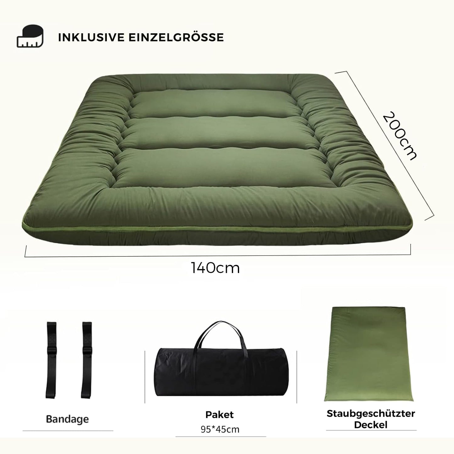 MAXYOYO Japanese Floor Futon Mattress, Thicken Tatami Sleeping Pad Foldable Roll Up Dormitory Mat Pad Floor Lounger Pillow Bed (Green, Double)