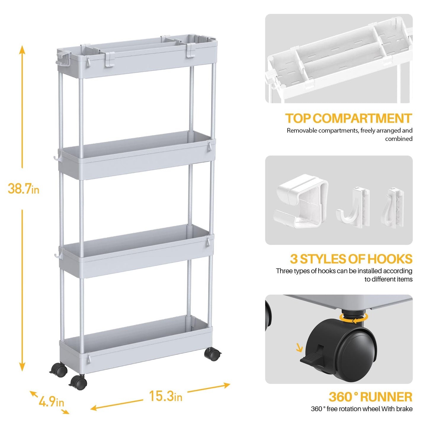 SAKA Slim Storage Cart,4 Tier Bathroom Rolling Utility Cart Storage Organizer Slide Out Cart