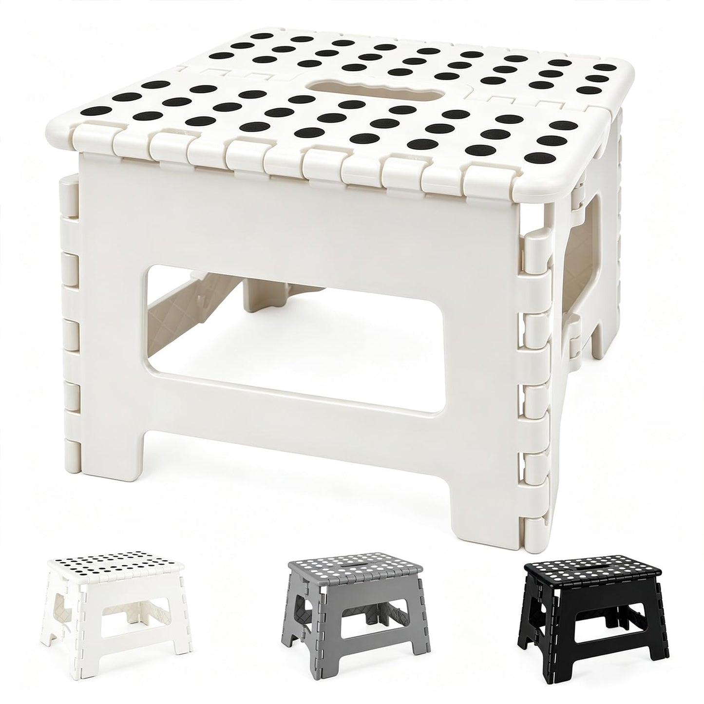 MASS DYNAMIC 9 Inch Folding Step Stool, Portable Plastic Footstool with Carry Handle, Non-Slip Top, Compact Collapsible Seat for Kitchen, Bathroom