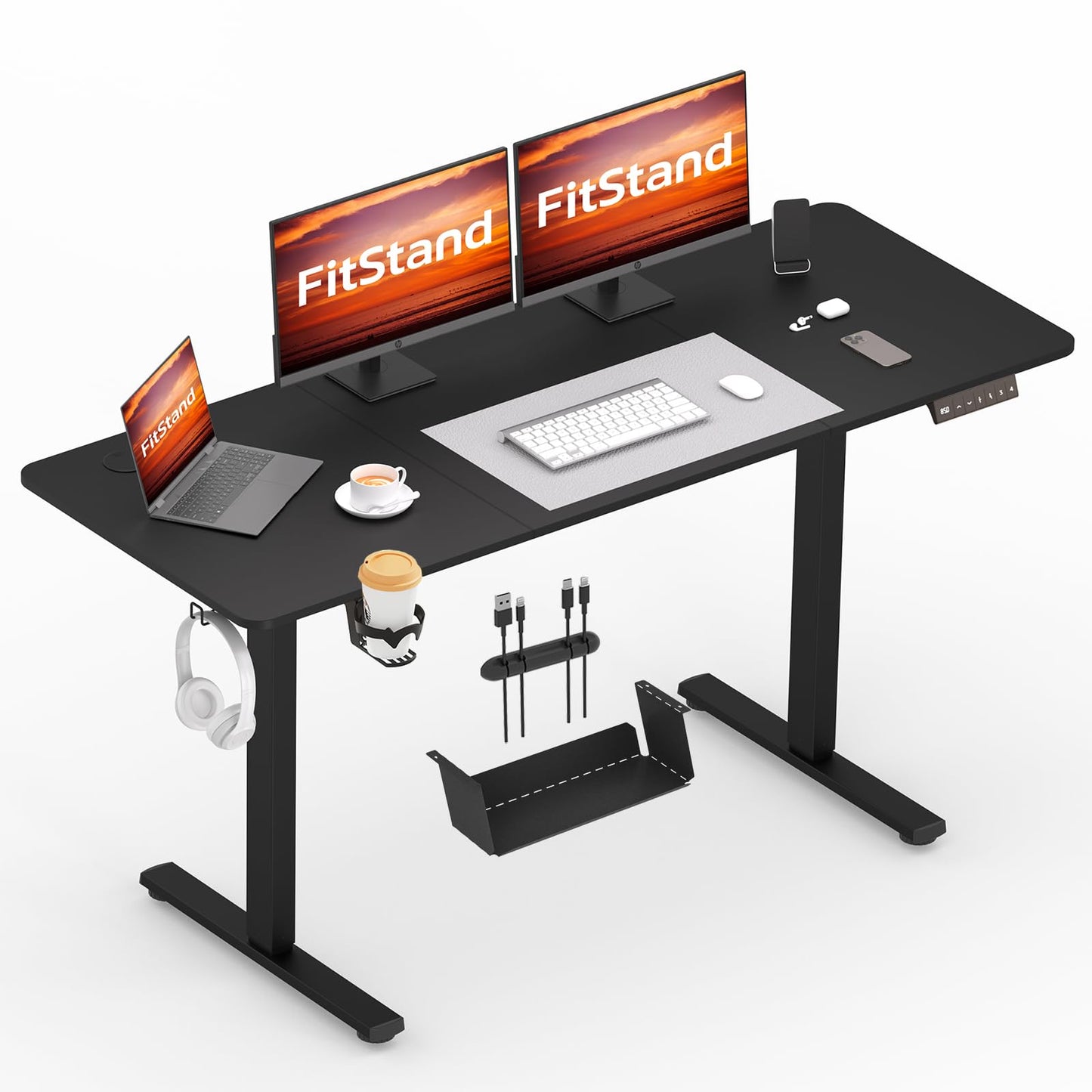 FitStand 140x60cm Electric Height Adjustable Standing Desk, Sit Stand Desk, Computer Desk With Hooks, Cupholder, Memory Function