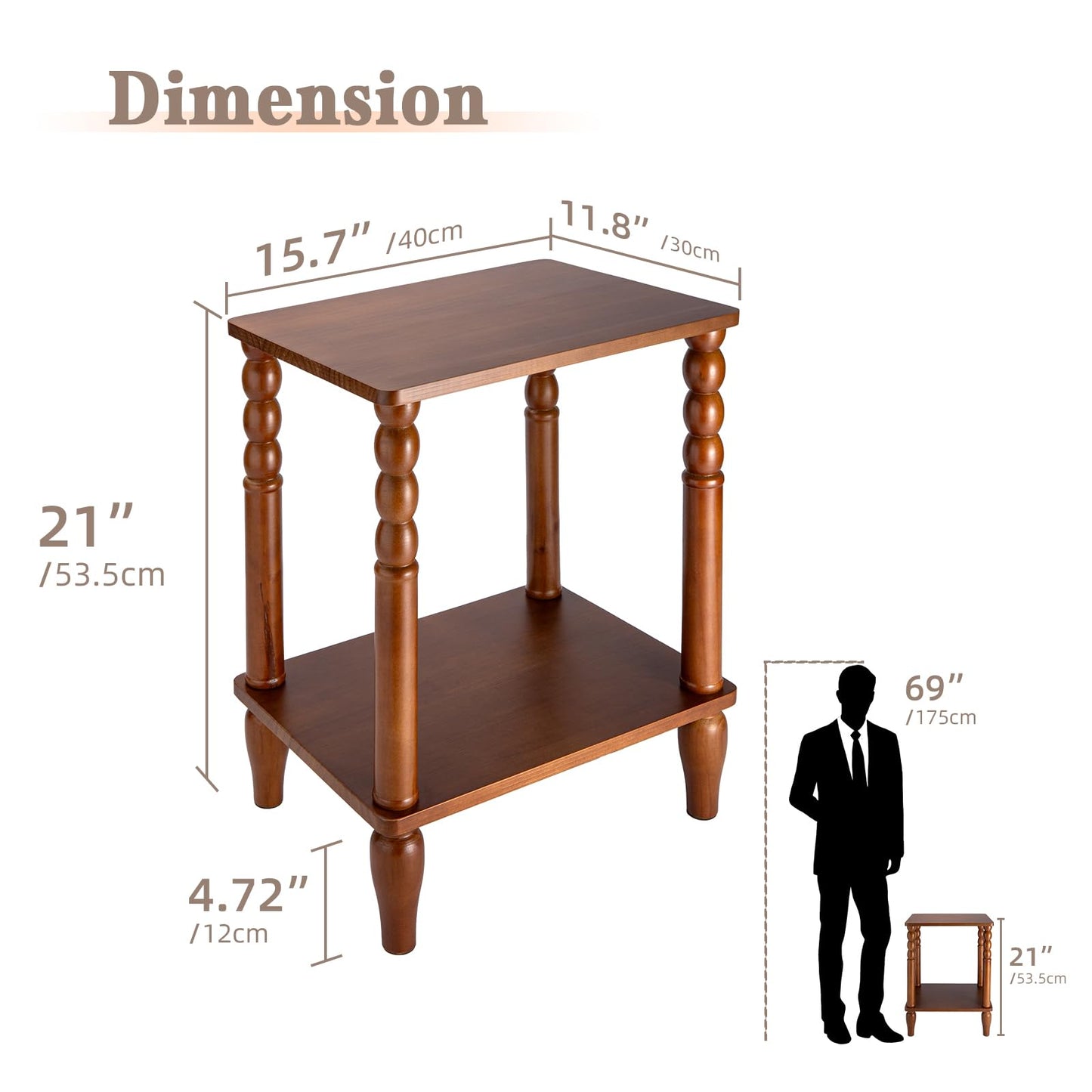 Lampaggio Solid Wood End Table with Storage Shelf, 2-Tier Small Side Table with Vintage Spindle Legs, Narrow Nightstand for Living Room
