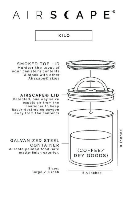 Airscape Coffee Storage Canister (1.1 kg Dry Beans) - Extra Large Kilo Size Food Storage Container, Patented Airtight Two Way Valve Lid Pushes Air Out