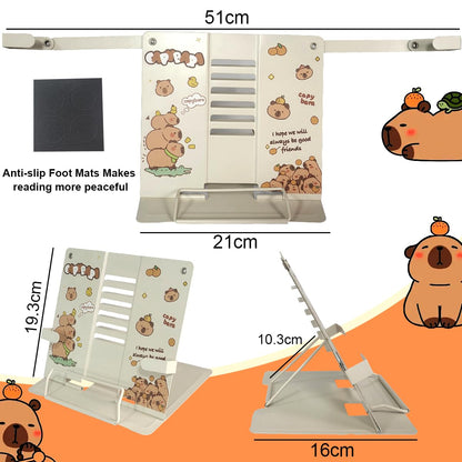 Garegce Book Stand Folding with Page Paper Clips, Cute Animal Capybara Book Holder, Cookbook Stands 6-Position Adjustable Height for Reading