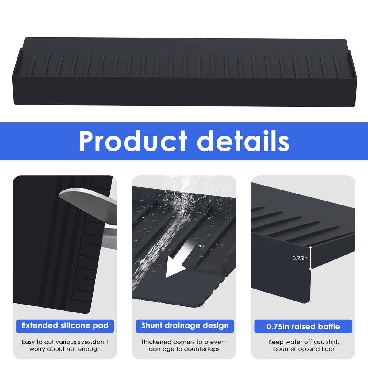 Adorila Silicone Edge Protector Splash Guards, 6" x 20" Bathtub & Kitchen Sink Edge Guard Black