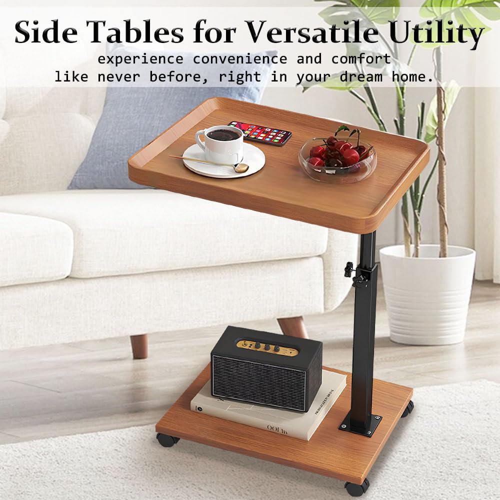 Kiss Me C Shaped Side Table, Height Adjustable, 360° Swivel with Wheels