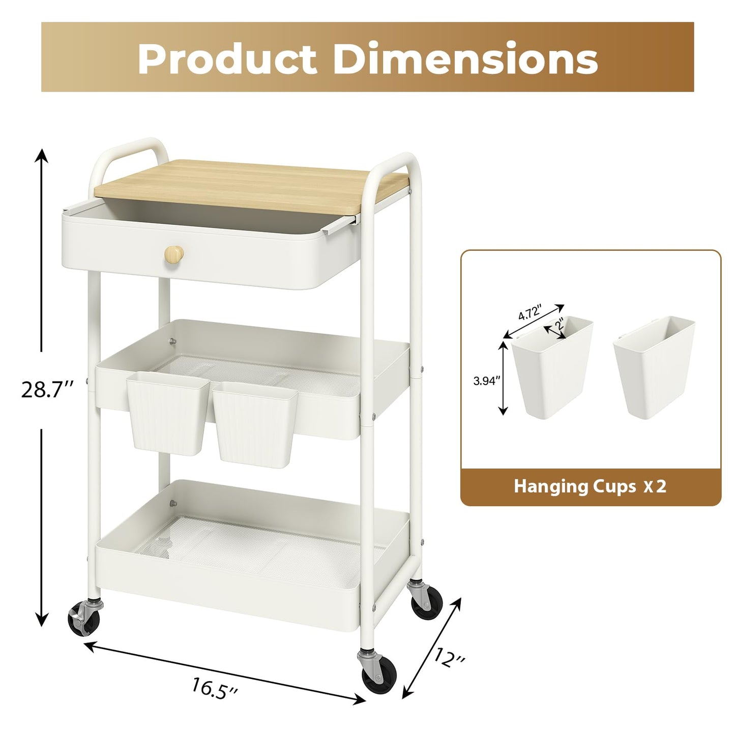 danpinera 3 Tier Rolling Cart, Metal Utility Cart with Wooden Table Top & Drawer, Rolling Carts, Storage Cart with Hanging Cups for Kitchen, Bathroom