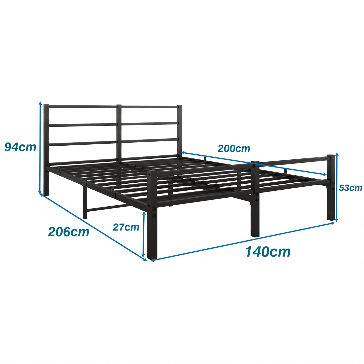 ARFARLY Metal Bed 140 x 200 cm Bed Frame with Headboard and Footboard, Adult Bed, Guest Bed, Double Bed, Black