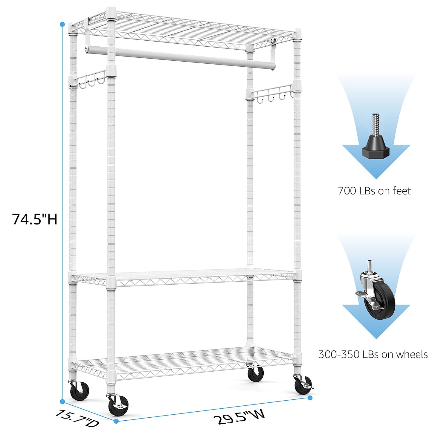 M MZG Heavy Duty Rolling Garment Rack 3 Tiers Adjustable Wire Shelving Clothes Rack with Rods and Side Hooks,Storage Closet Clothing Rack with Wheels