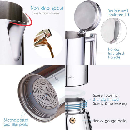 Easyworkz Diego Stovetop Espresso Maker Stainless Steel Italian Coffee Machine Maker 4cup 200ml Induction Moka Pot