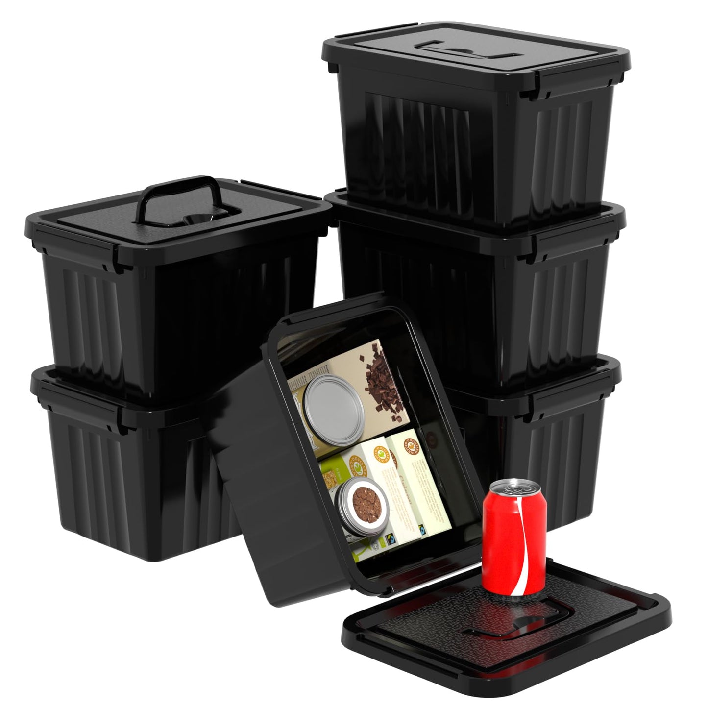 Xyskin 6L*6 Storage Boxes, Organizing Container with Handle and Secure Latching Buckles, Plastic Storage Box with Lid, Black