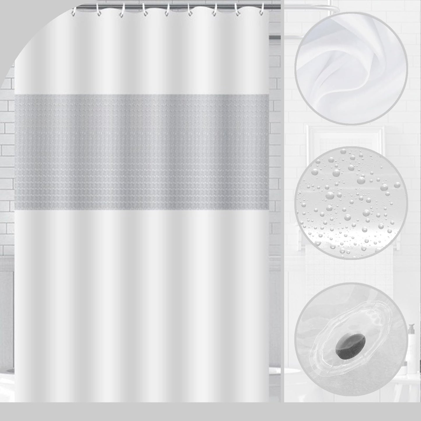 ECO Mould Proof Shower Curtain 180x180cm, Solid Grey-Blue PEVA Waterproof Heavy Duty With 3 Magnets, 12 Plastic Hooks