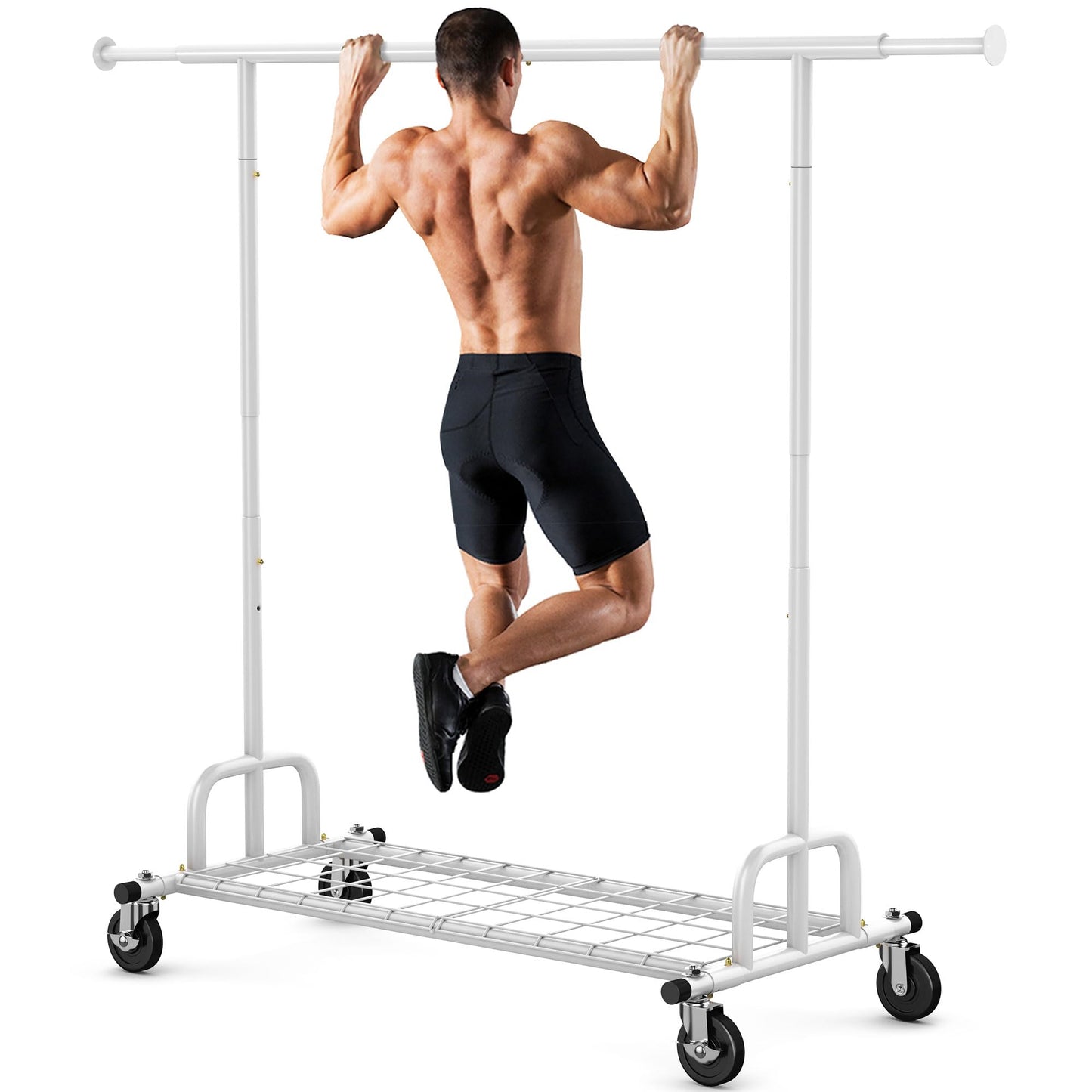 HOKEEPER Heavy Duty Clothes Rail 238kg (525lbs) Capacity, Extendable Hanging Rack with Lockable Wheels & Shelves, Space Saving for Bedroom, Apartment
