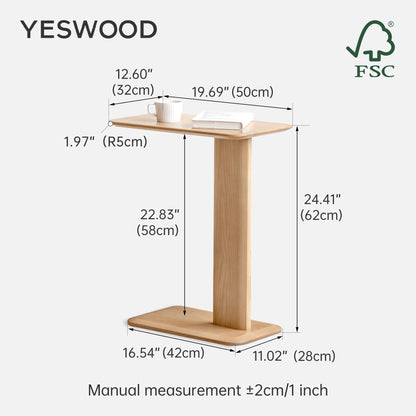 YESWOOD Solid Wood Side Table, C-Shaped Bedside Table, Narrow End Table for Living Room or Bedroom, Modern Sofa Table C Table Ash, Natural Wood Tone