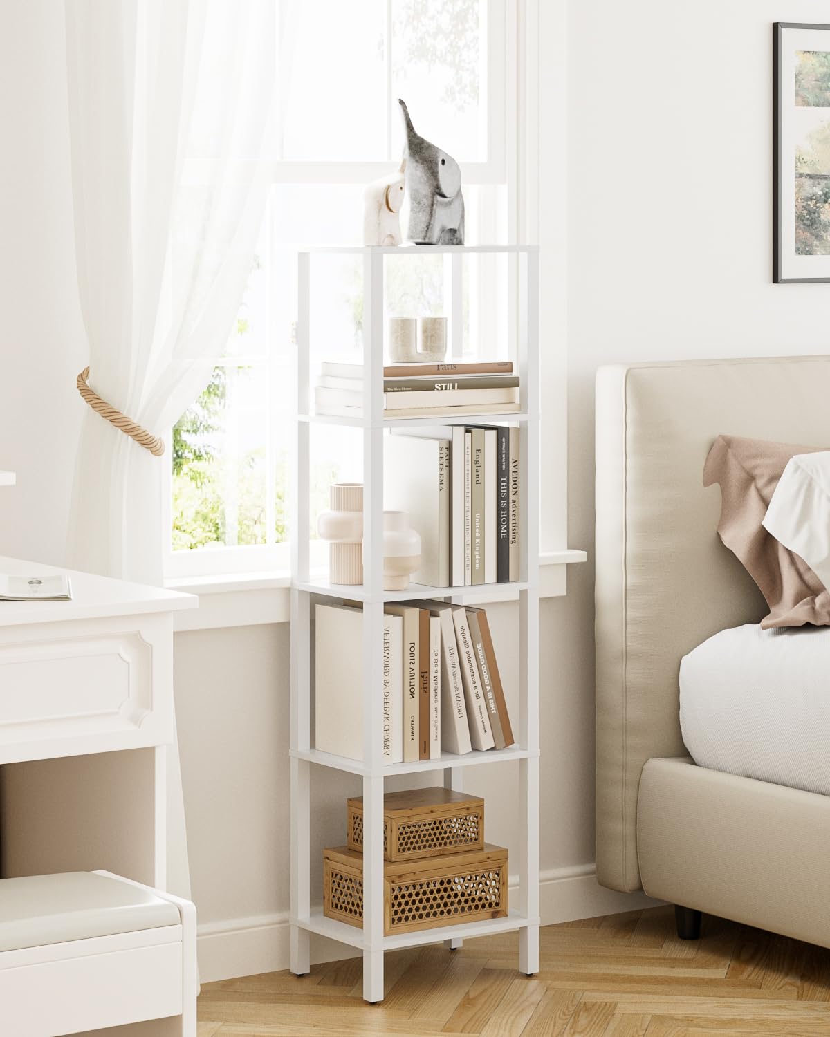 Apetaccat Book Shelf, 5 Tier Tall Bookshelf, Narrow Bookcase with Open Shelves, 38 x 27 x 136CM, Book Shelves for Living Room, Office, Study, White