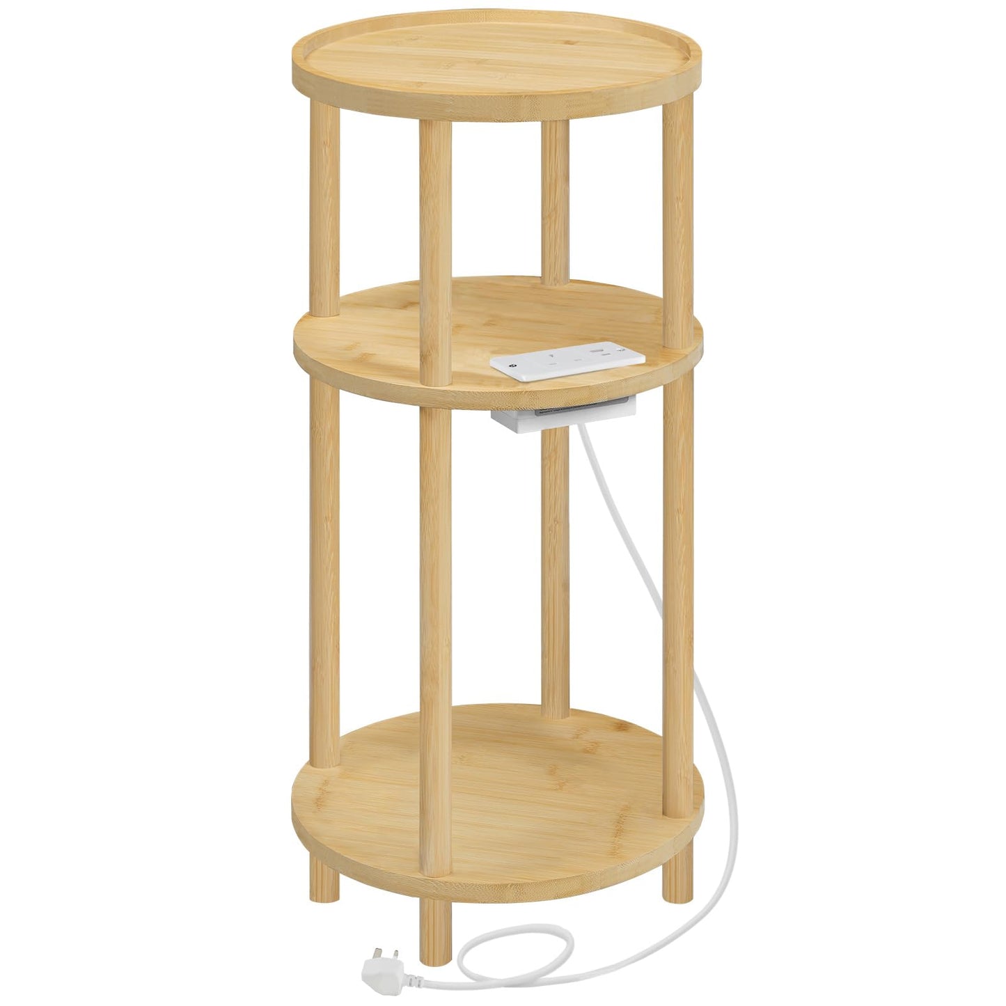 HOOBRO Round Side Table with Charging Station, 3-Tier Bamboo Small Sofa Table, Small Table Bedside Table with 1 AC, 1USB Port, 1 Type-C
