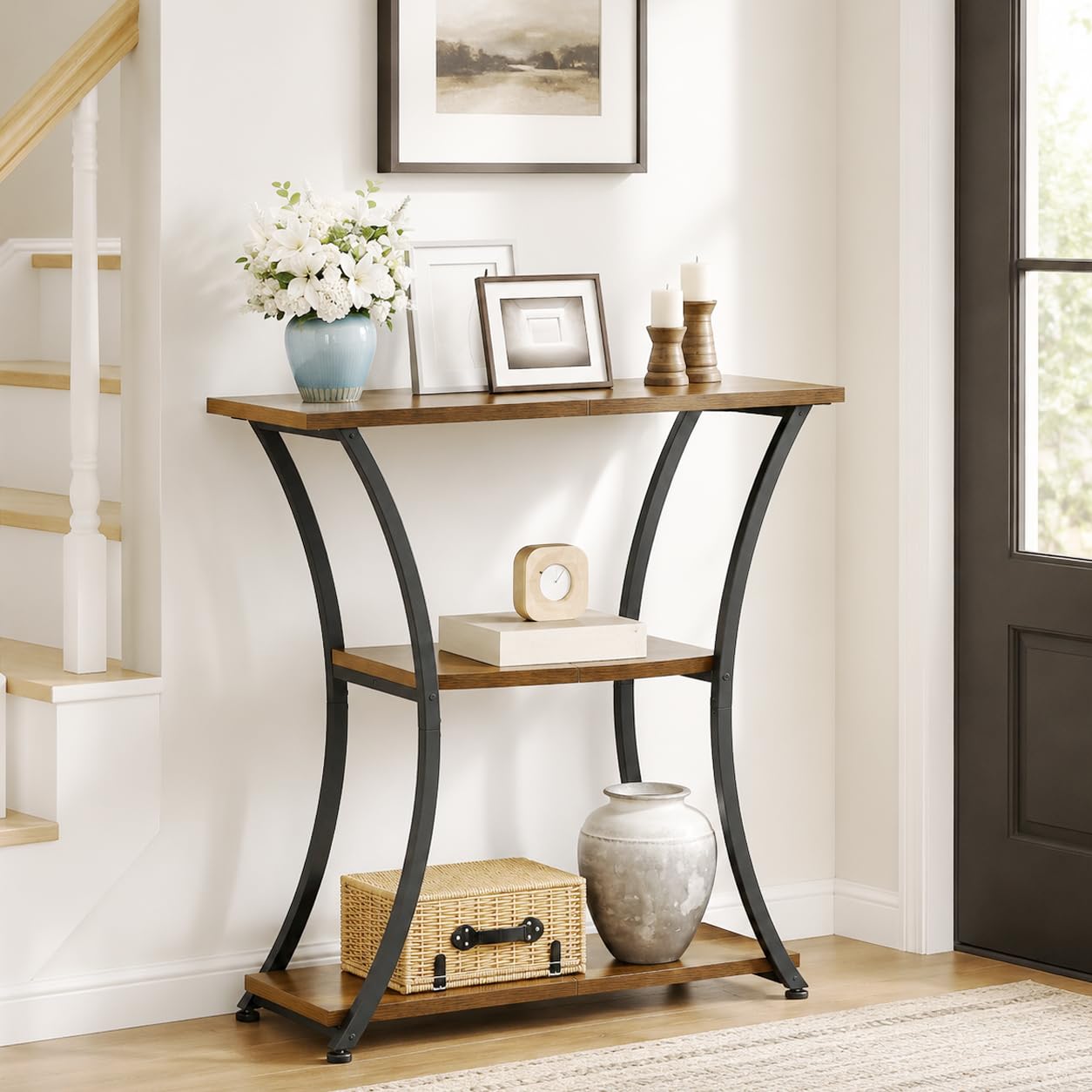 Trironsun Rustic Narrow Console Table with 3 Tiers, Slim Hallway Table with Curved Metal Frame and Open Shelves