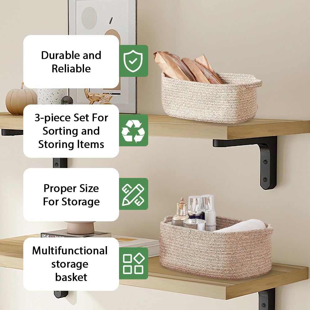 LUFEIS Cotton Rope Storage Basket, 3 Pack Storage Baskets for Shelves, Decorative Woven Baskets for Towels, Books, Toys
