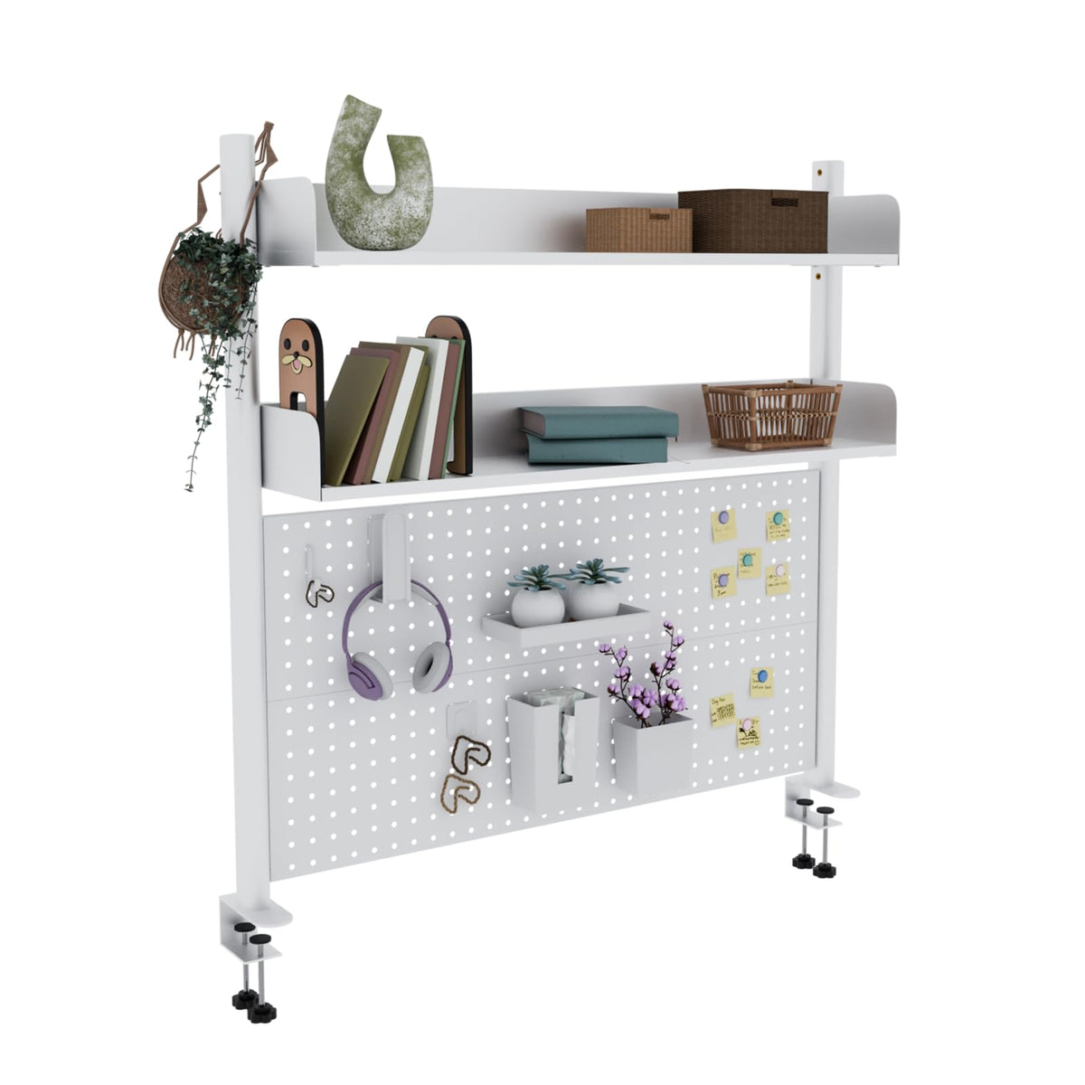 Boltmol Clamp-on 2-Tier Desk Shelf,White 100CM, Desktop Organizer With Pegboard, Countertop Storage Bookcase For Home, Office Or Dorm
