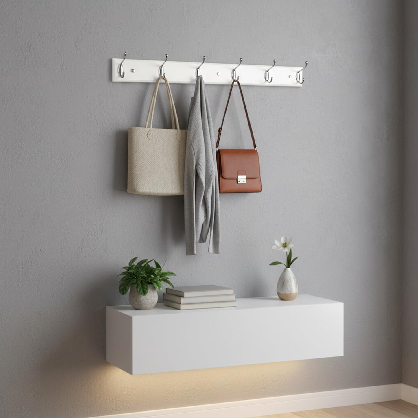 lomejii Long Wooden wall Mounted Coat Rack Wood White 6 Hooks, 70 cm, Sturdy Silver Coat Hook Rack for Clothes, Hats, Bags
