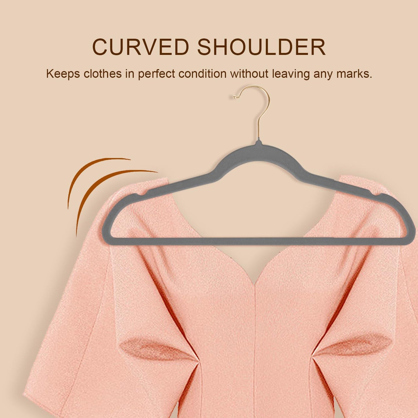 Wellong 36 Packs Velvet Clothes Hangers, 45cm Non-Slip Skirt and Dress Hangers With Shoulder Notches - Space Saving, Sturdy, Grey With Gold Hook