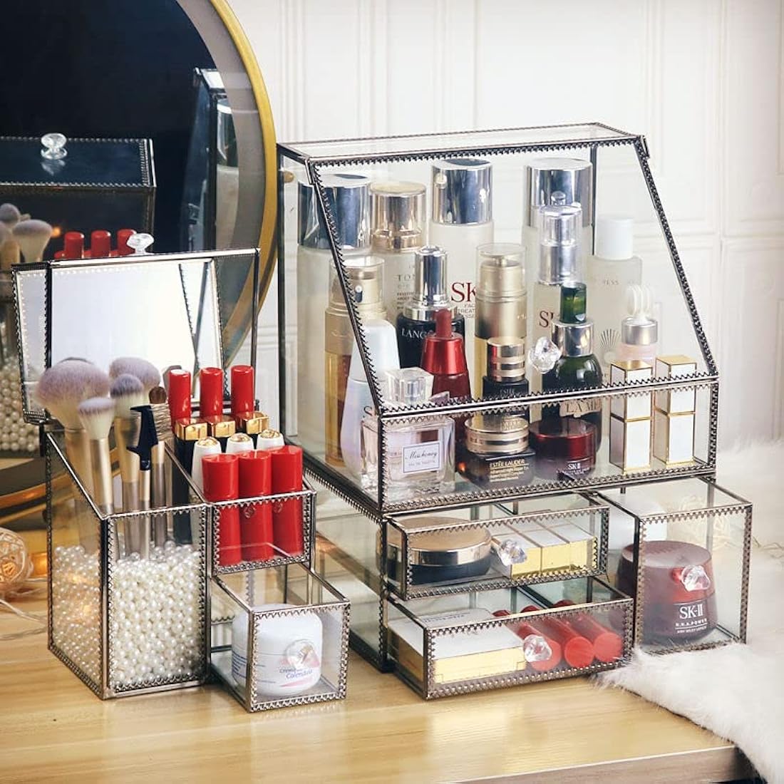Hersoo Glass Antique Brass Stackable Drawer Set Makeup Organizer for Vanity Antique Countertop Vanity Cosmetic Storage Box Mirror Glass Beauty Display