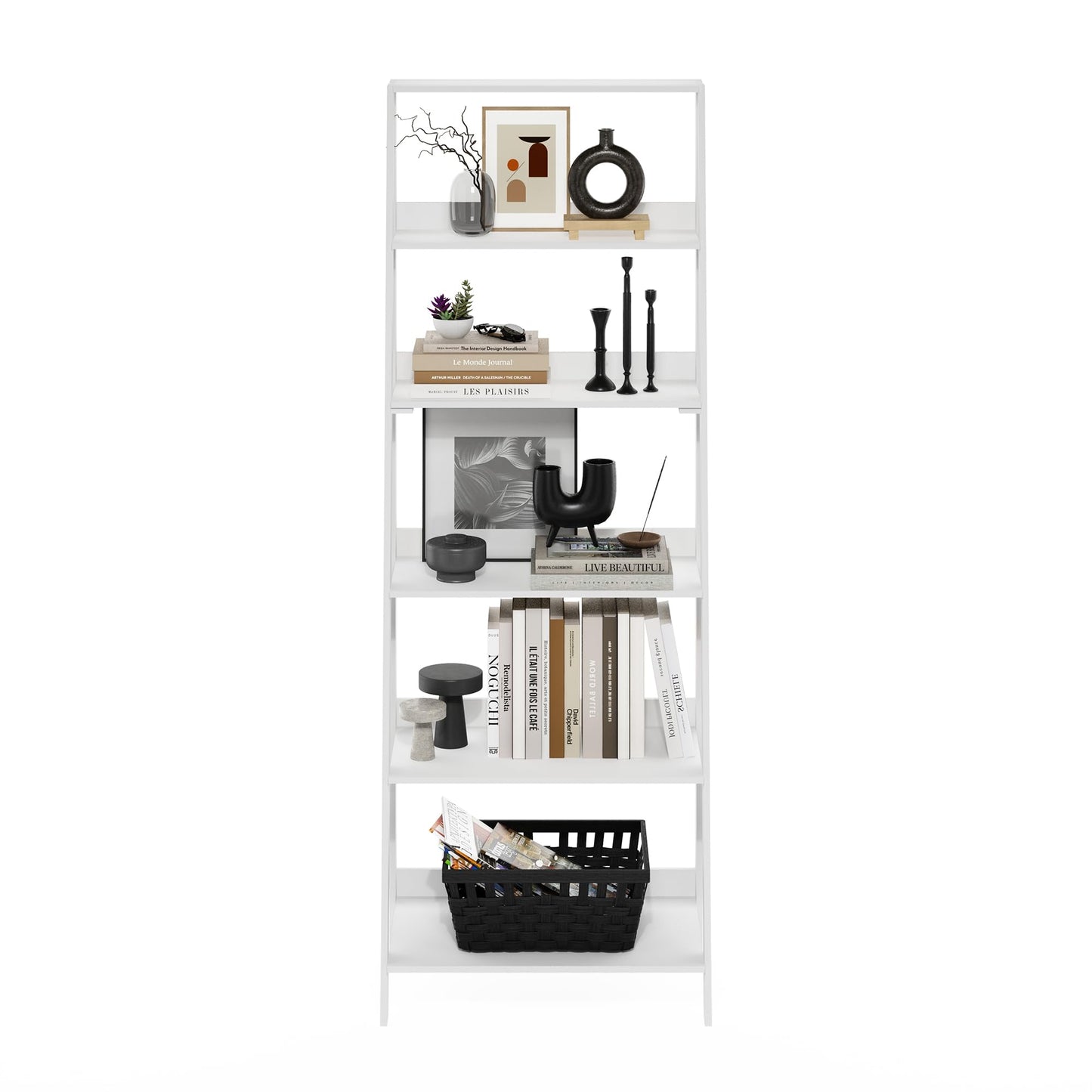 Furinno Ladder Bookcase Display Shelf, 6-Tier, White